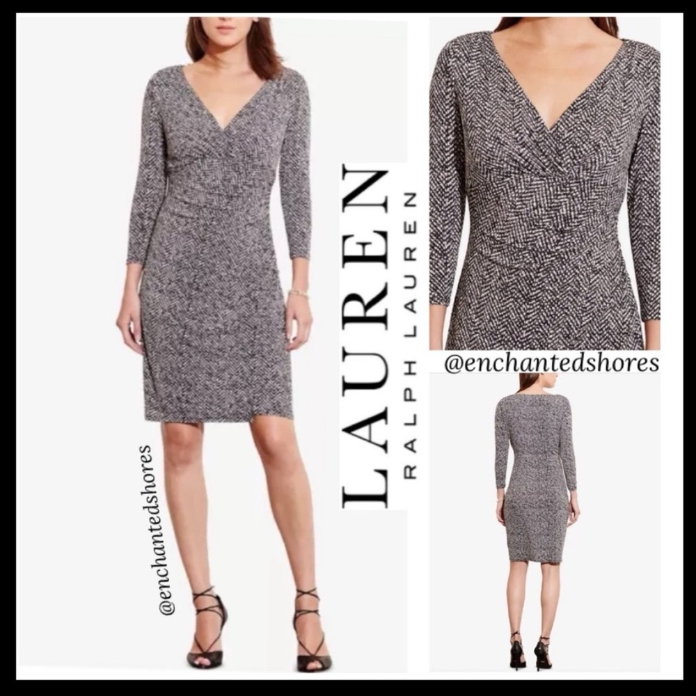 Lauren Ralph Lauren Dress Slinky VNeck Ruched Faux Wrap Black Grey White Size 8
